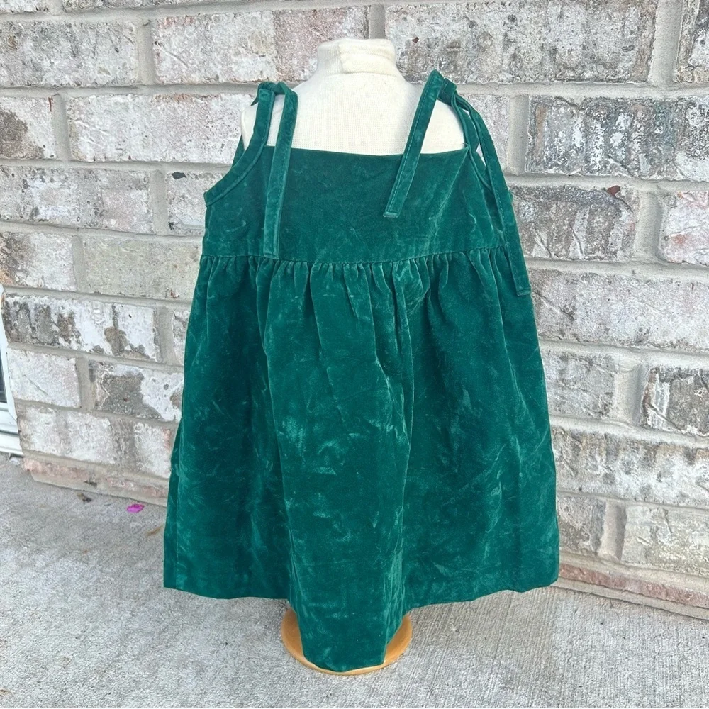 Vintage Toddler Green Velvet Dress Embroidered Floral Pinafore 2T 3T